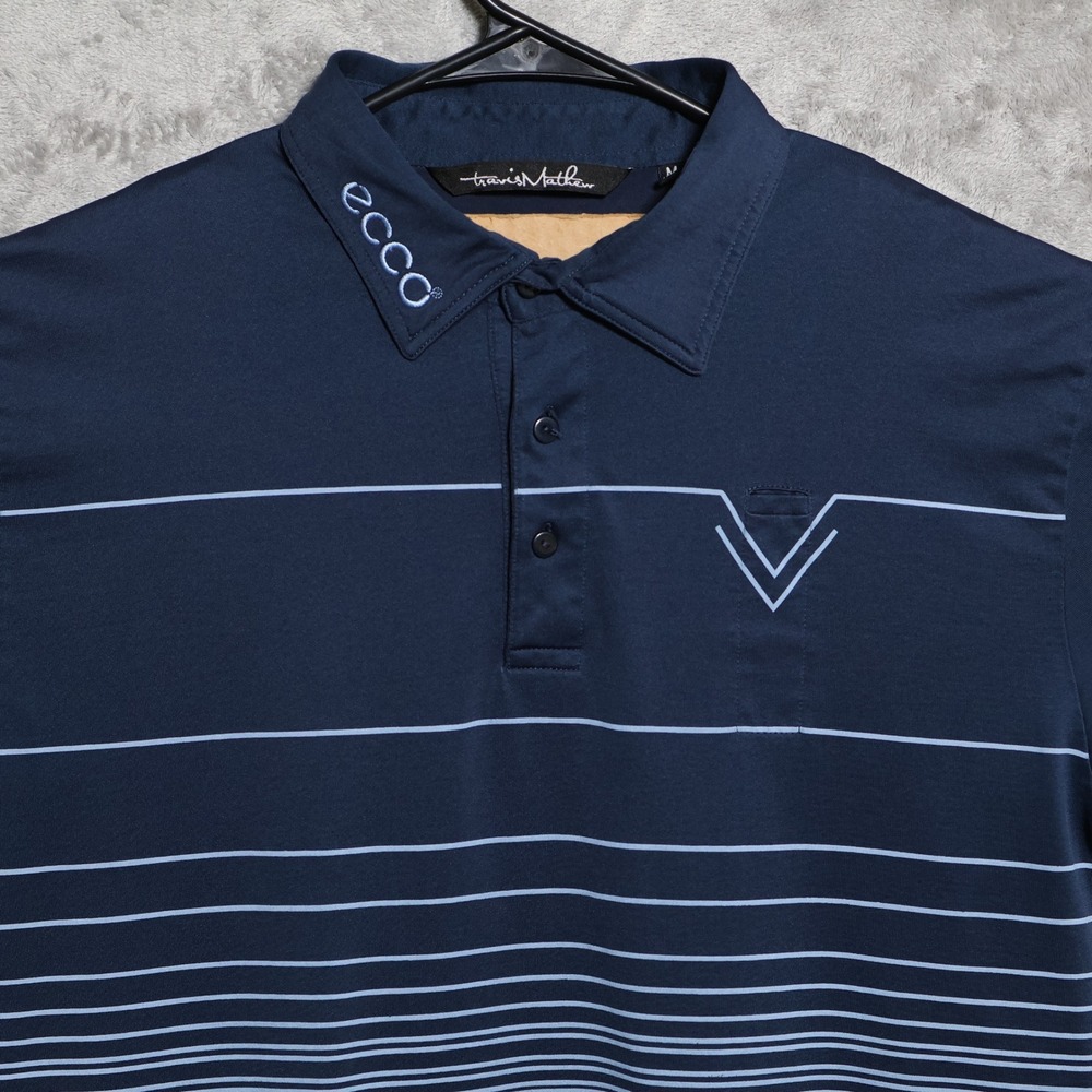 Travis Mathew Polo Shirt Mens Size Medium Navy Blue Striped Tour Issue ECCO Golf